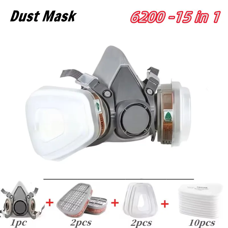 15 in 1 Original 6200 Respirator Reusable Half Face Cover Gas Mask with Cotton Filter Goggles for Painting Spray Polishing Work