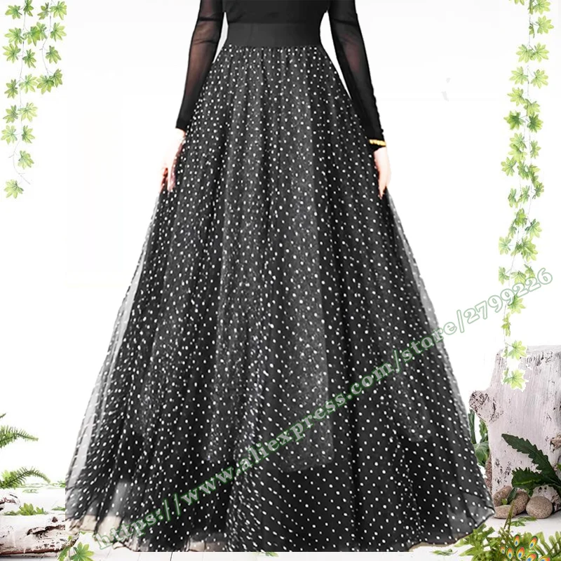 

2024 Fashion Mesh Black polka dot A-line long skirt Summer，woman faldas largas elegantes Womens Maxi Skirts