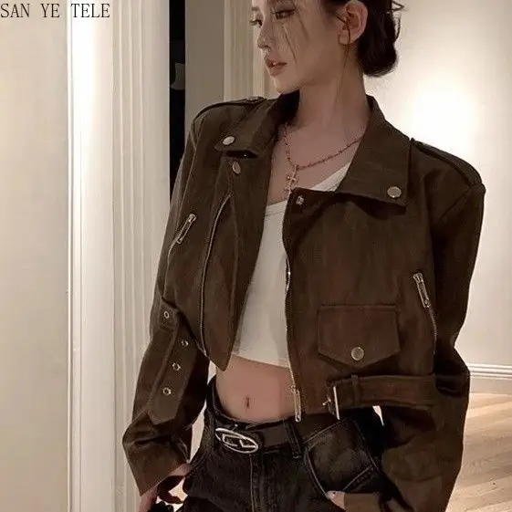 

Vintage Brown Coffee Leather Jacket Women Spring Autumn American Loose Short Y2K Fashion Design Korean Motorcycle Coats