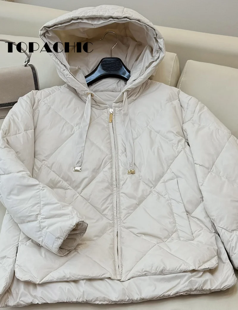 8.29 TOPACHIC-Women Fashion Casual White Goose Down Short Jacket Argyle Plaid Quilted Hooded Long Sleeve Loose Down Outerwear