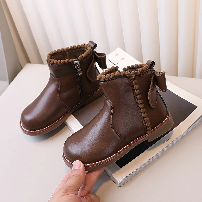 2024 Children Leather Plush Boots for Girls Winter New Fashion Korean Style Soft Bottom Anti-slippery Versatile Chic Zip Shoes