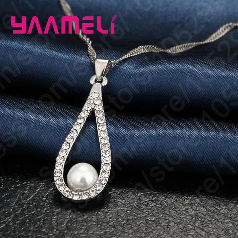 Pure 925 Sterling Silver Shiny CZ Crystal Water Drop Pearl Necklaces For Woman Fine Jewelry Wedding Earring Set Gift