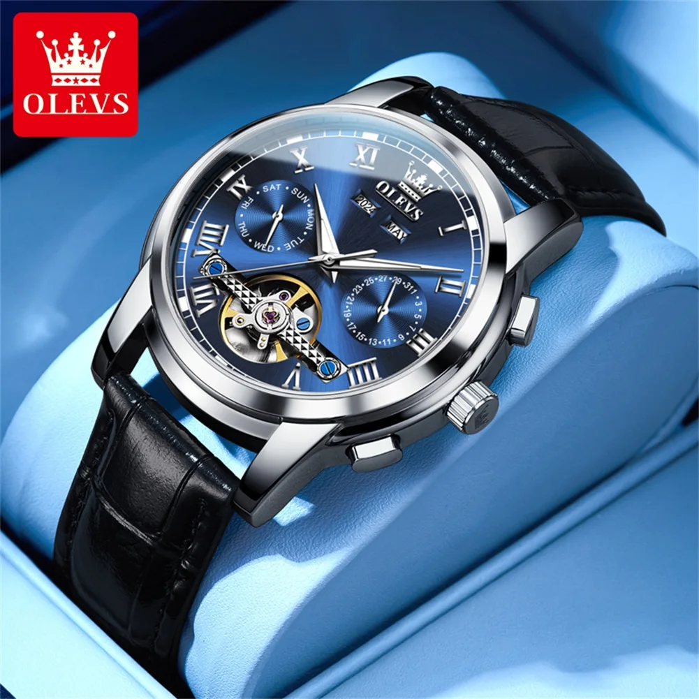 

OLEVS Fashion Mechanical Watch for Men Leather Strap Waterproof Luxury Tourbillon Watches Mens Week Date Business Men's Watches