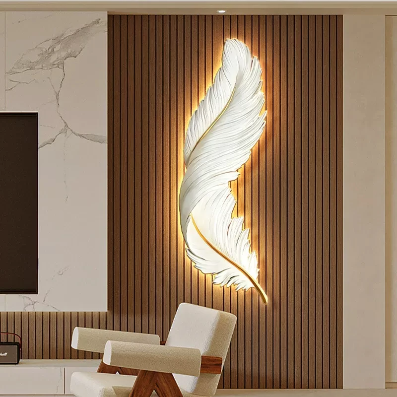 Feather living room grille panel decorative painting cream wind TV background wall pendant luminous mural light