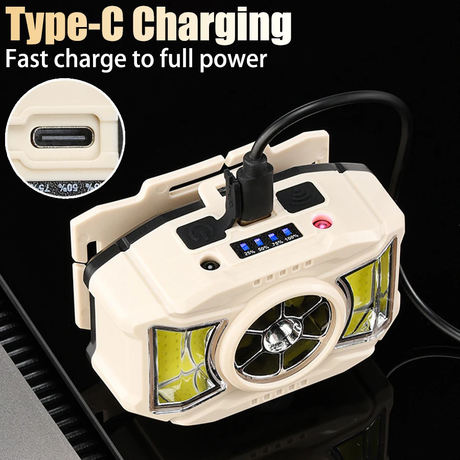 Lampada frontale a LED COB a induzione USB ricaricabile 5 modalità 18650 Batteria Faro da campeggio esterno Pesca Ricerca Lanterna Lampada frontale inondazione