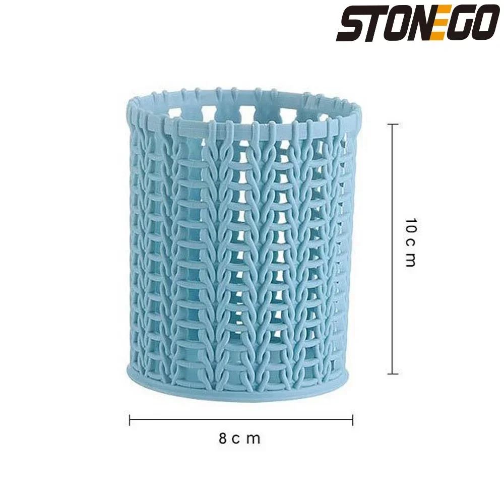 Imitation Rattan Plastic Pen Holder Round Desk Organizer Office Stationery Student Supplies Storage Bucket