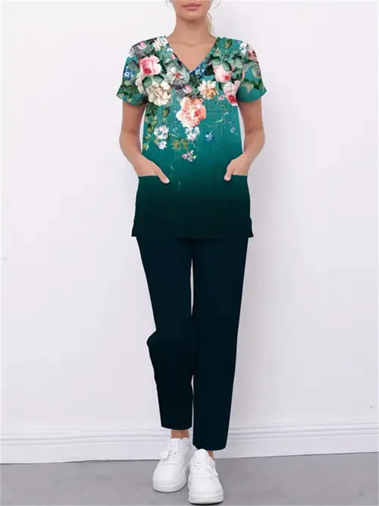 Ensemble uniforme médical décontracté pour femme, motif fleurs et plantes, pantalon en polyester à col en V avec poches, toutes saisons