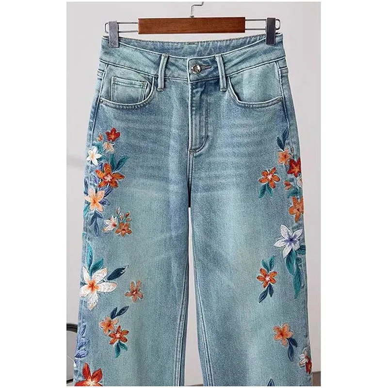 2024 Summer New Embroidery New Jeans Female Slim Joker Straight American Retro Denim Wide-leg Pants women