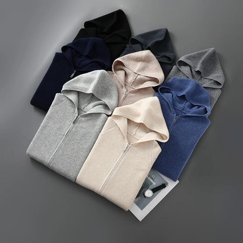 

DjzDsm мужской свитер из 100% мериносовой шерсти, осенне-зимнее вязаное пальто на молнии, толстый кардиган с капюшоном, популярные повседневные однотонные топы