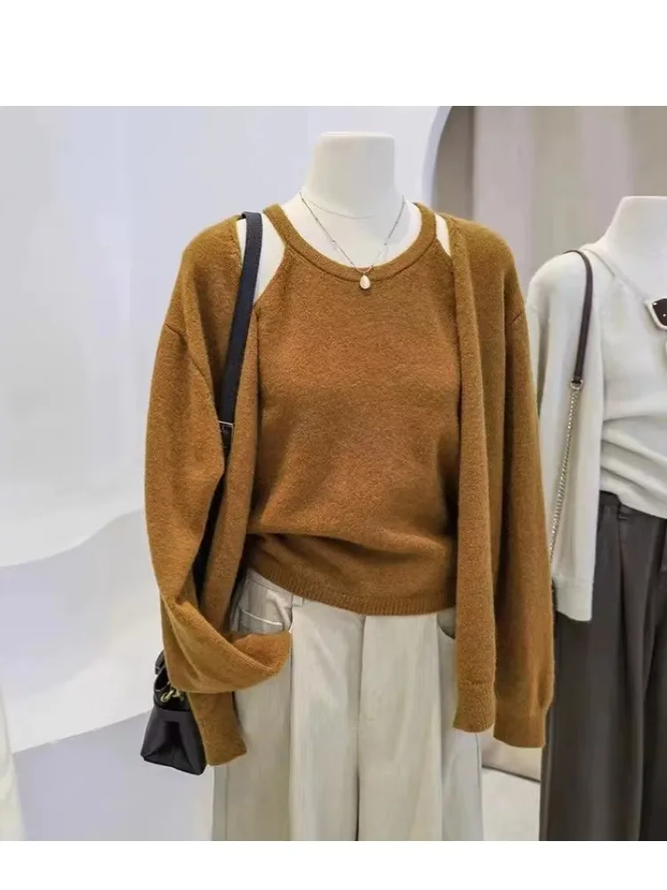 Soft Cozy 2025 Autumn Winter Women's Knitted Sweater Set with Strap Casual Inner Wear Long Sve High Collar Loose Fit Faion