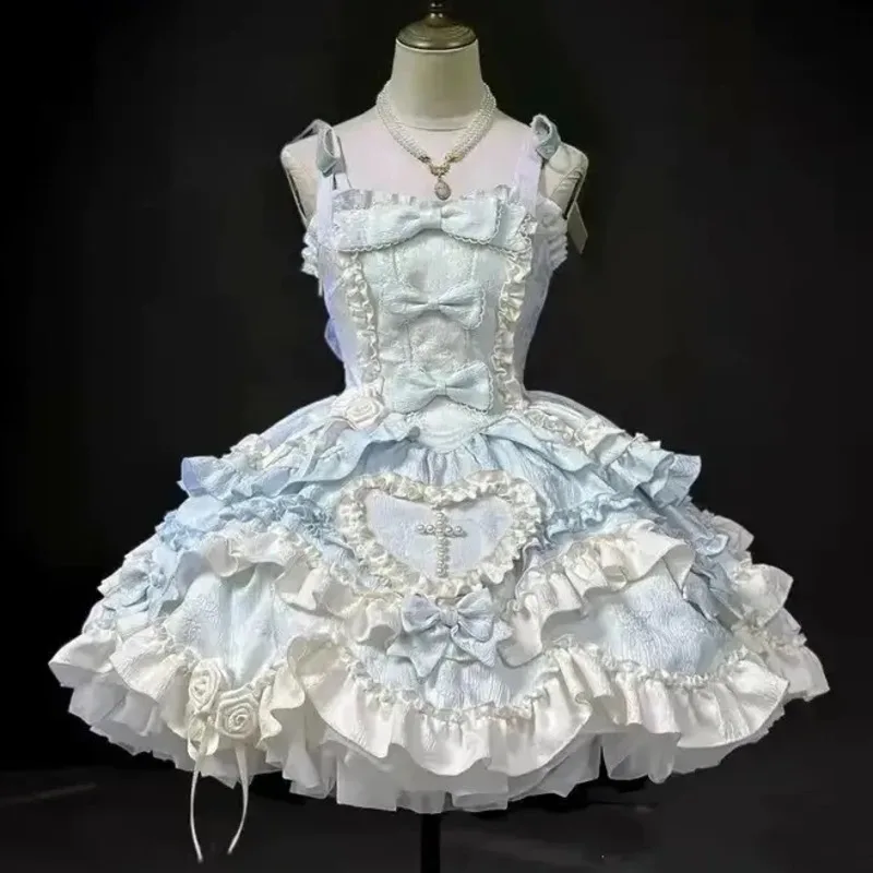 Vestidos de arco midi vestidos de flores princesa jk lolita y2k doce pescoço gravata renda camadas a linha saia menina vestidos de festa novo