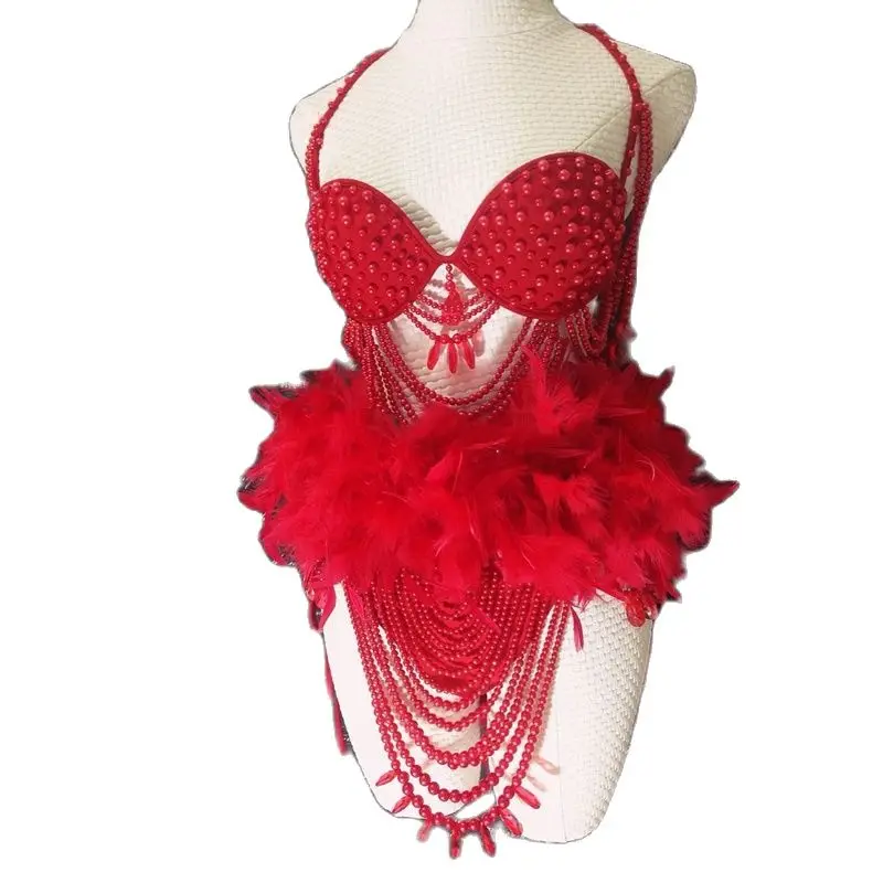 White Red Full Pearls Fur Bodysuit Sexy Pole Dance Bikini Women Stage Performance Wear Festival Outfit Drag Queen Costume XS5938