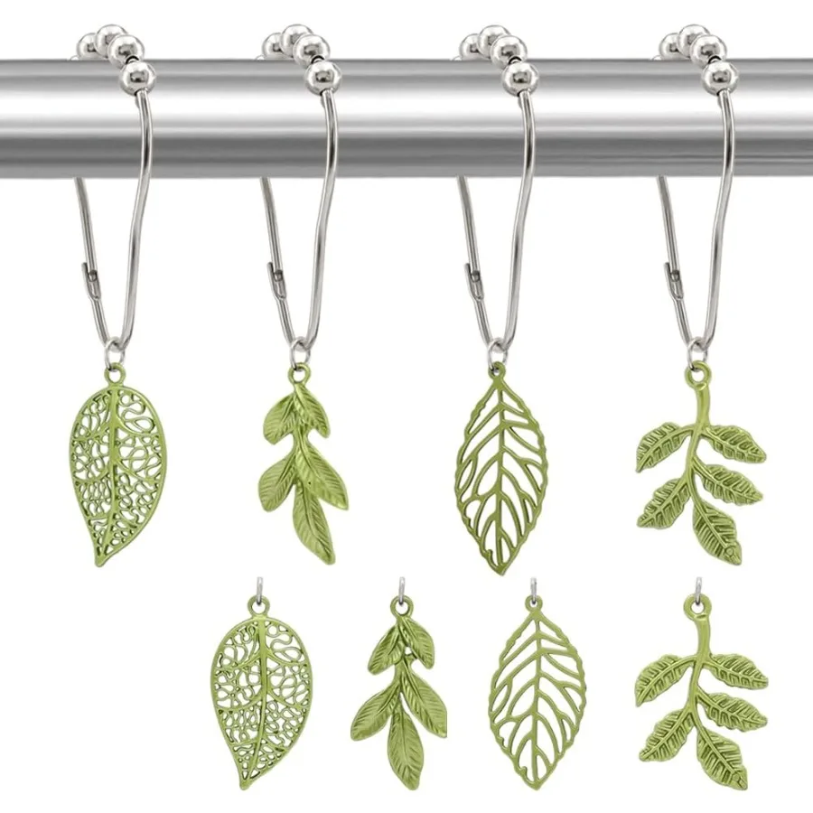

Крючки для занавесок для душа с листьями, 12 упаковок, кольца для занавесок для душа с зелеными растениями и листьями, металлические вешалки для занавесок для душа, крючки для душа, кольца