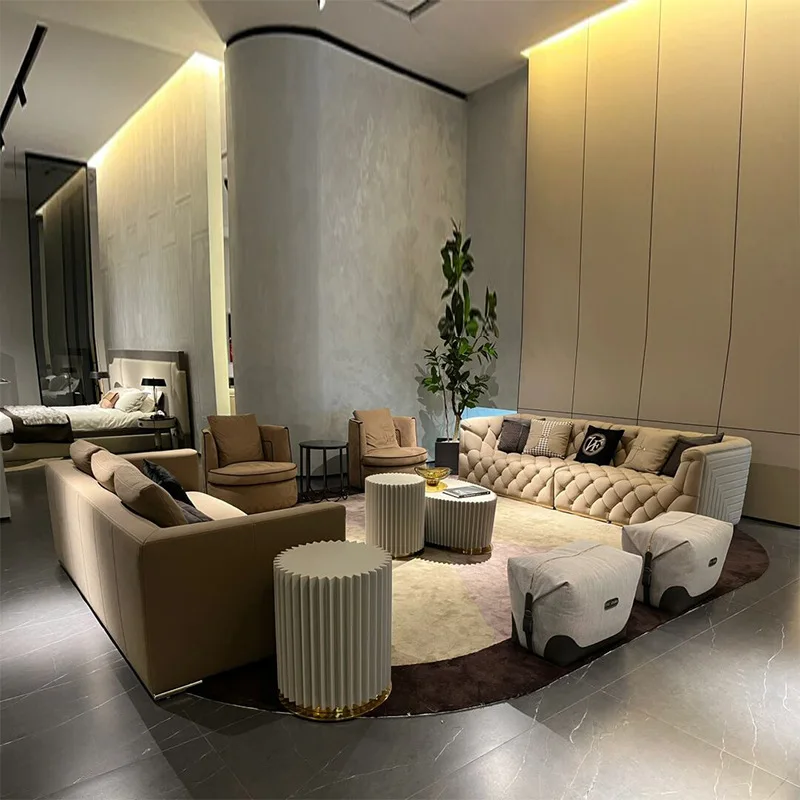 Light luxury leather sofa living room matte leather fabric straight row sofa villa hotel lobby to negotiate luxury sofa