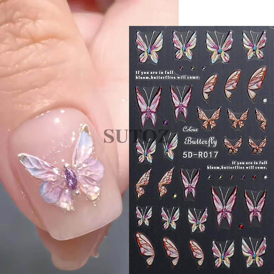 5D Winter Butterfly Nail Stickers Relief Color Butterfly Glitter Design Nail Art Decor Decals Butterfly Fairy Manicure LE5D-R018