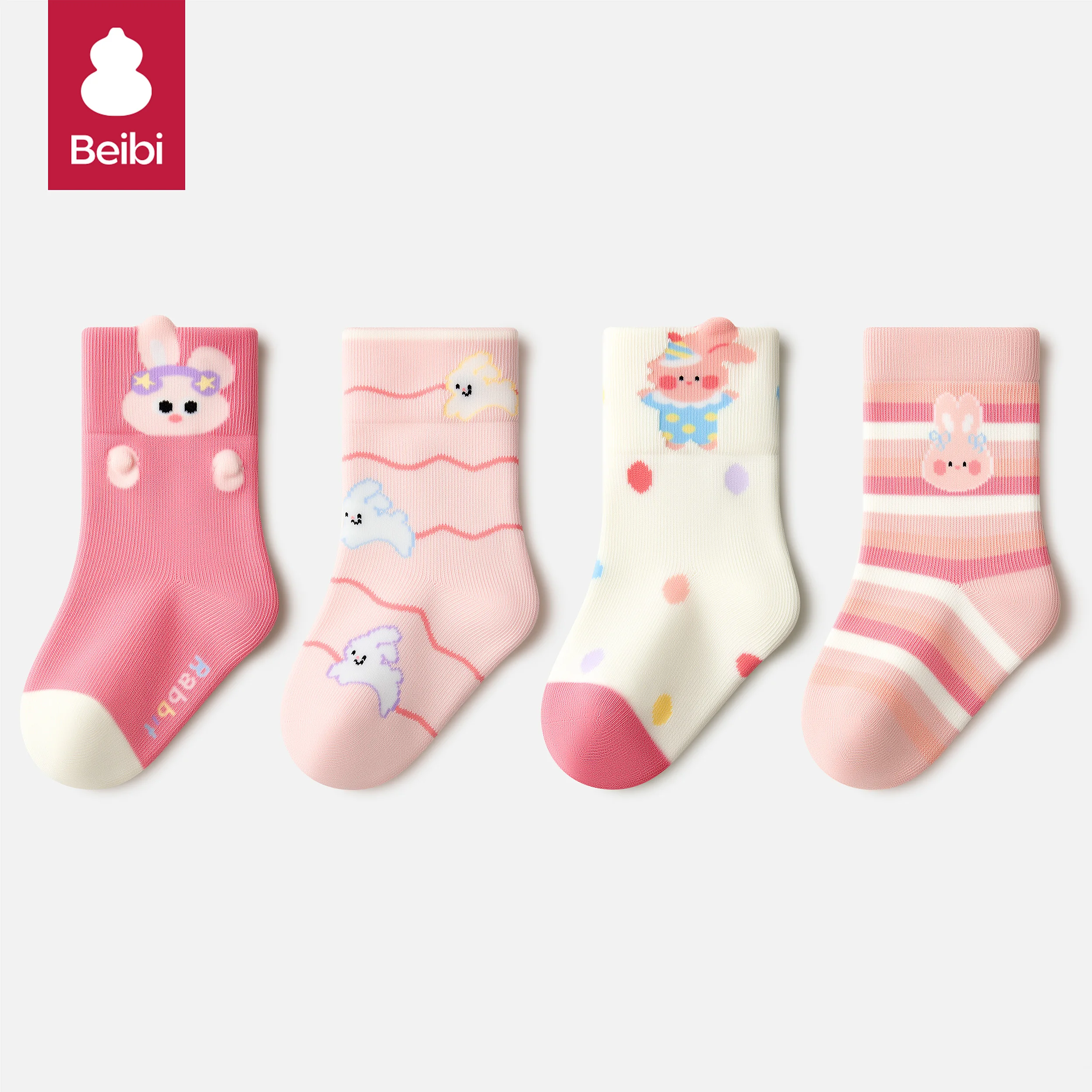 Beibi 4-Pack Mid-Calf Socks for Kids 0-6 Years Cute Cartoon Rabbit Stripe Print Warm Creative Autumn Winter Colorful Fun Socks