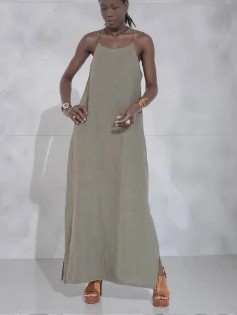 Mulheres algodão linho lado split longo deslizamento vestido verão senhora sem alças cor sólida vestidos de festa de férias branco moda feminina 8o7k