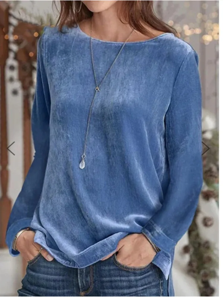 

Женская элегантная бархатная футболка, однотонный топ с длинными рукавами, осень-зима 202, повседневная свободная блузка с круглым вырезом и длинными рукавами, женская одежда