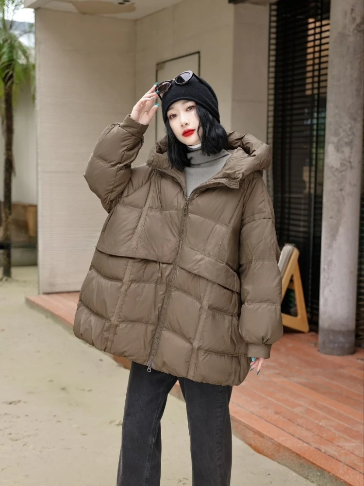 レディース90%ホワイトダックダウンジャケット 秋冬 フード付き 暖かい オーバーサイズ パファージャケット カジュアル ルーズ 厚手 パーカー アウター 2025年新作
