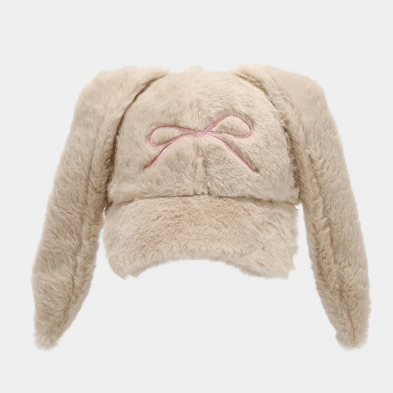 Women Fuzzy Bunny Ear Baseball Cap with Pink Bow Embroidery Adjustable Winter Warm Hat Black Beige view 4