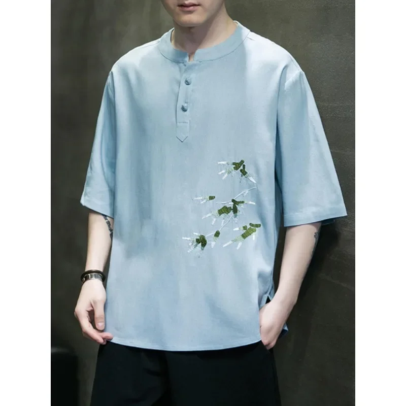 3 Colors Casual Linen Loose Shirt Traditional Chinese Men's Clothing Retro Round Neck Plate Buckle Tang Suit Top Plus Size M-5xl