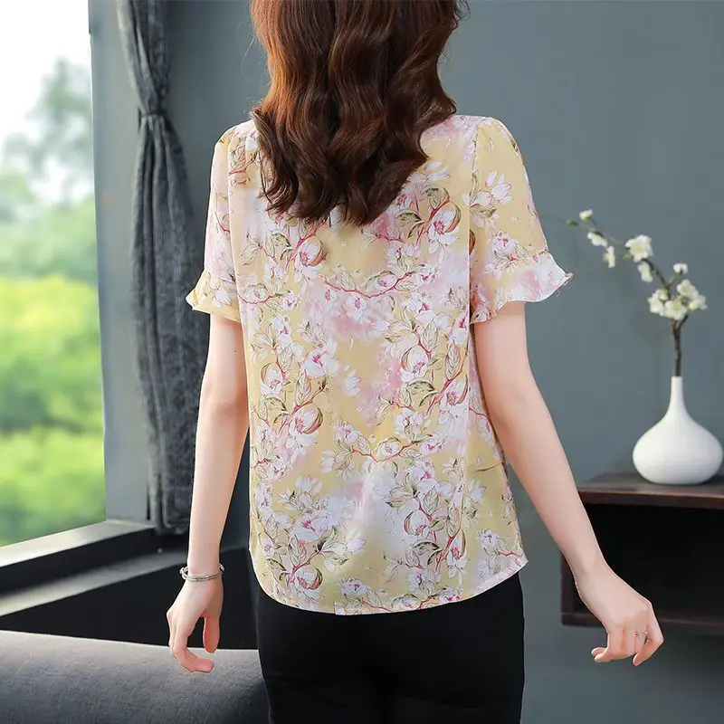 Female Clothing Turn-down Collar Fragmented Chiffon Shirt Women's Short Sleeve 2023 Summer New Blouse Loose Elegant Tops