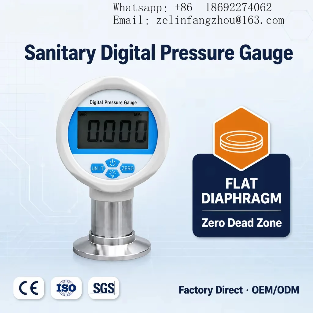YB60KF Battery Operated Sanitary Digital Pressure Gauge Tri Clamp Flat Diaphragm 316L SS IP65 Food Dairy Beverage Pro