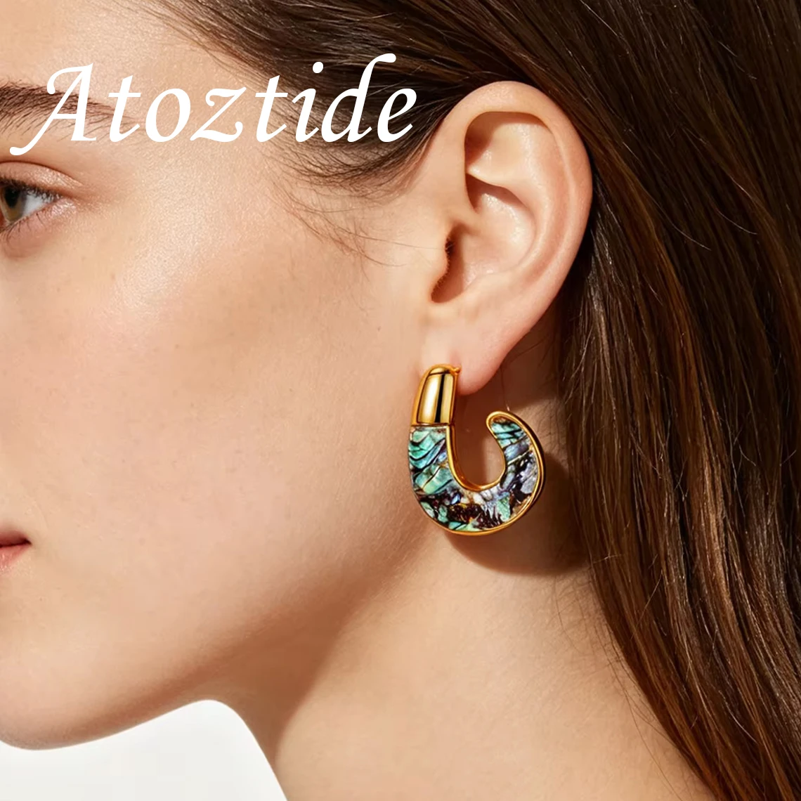 Atoztide Abalone Shell C-Shaped Earring for Women Stainless Steel Unique Design Multiple Styles Shiny Stone Earring Jewelry Gift