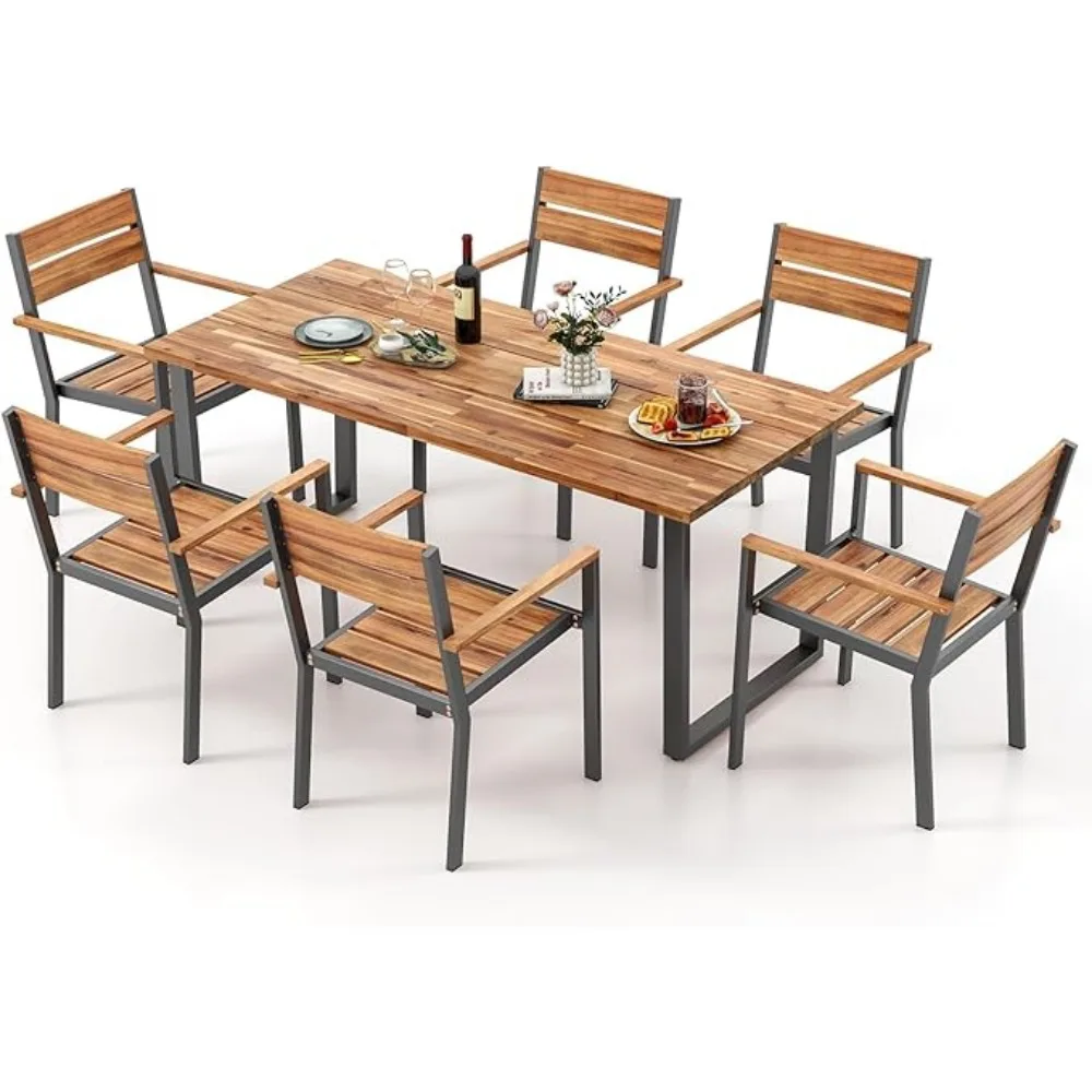 

7 Pieces Patented Wood Patio Dining Set with Umbrella Hole, 6 Heavy Duty Acacia Armrest Chairs and Rectangle Table Set