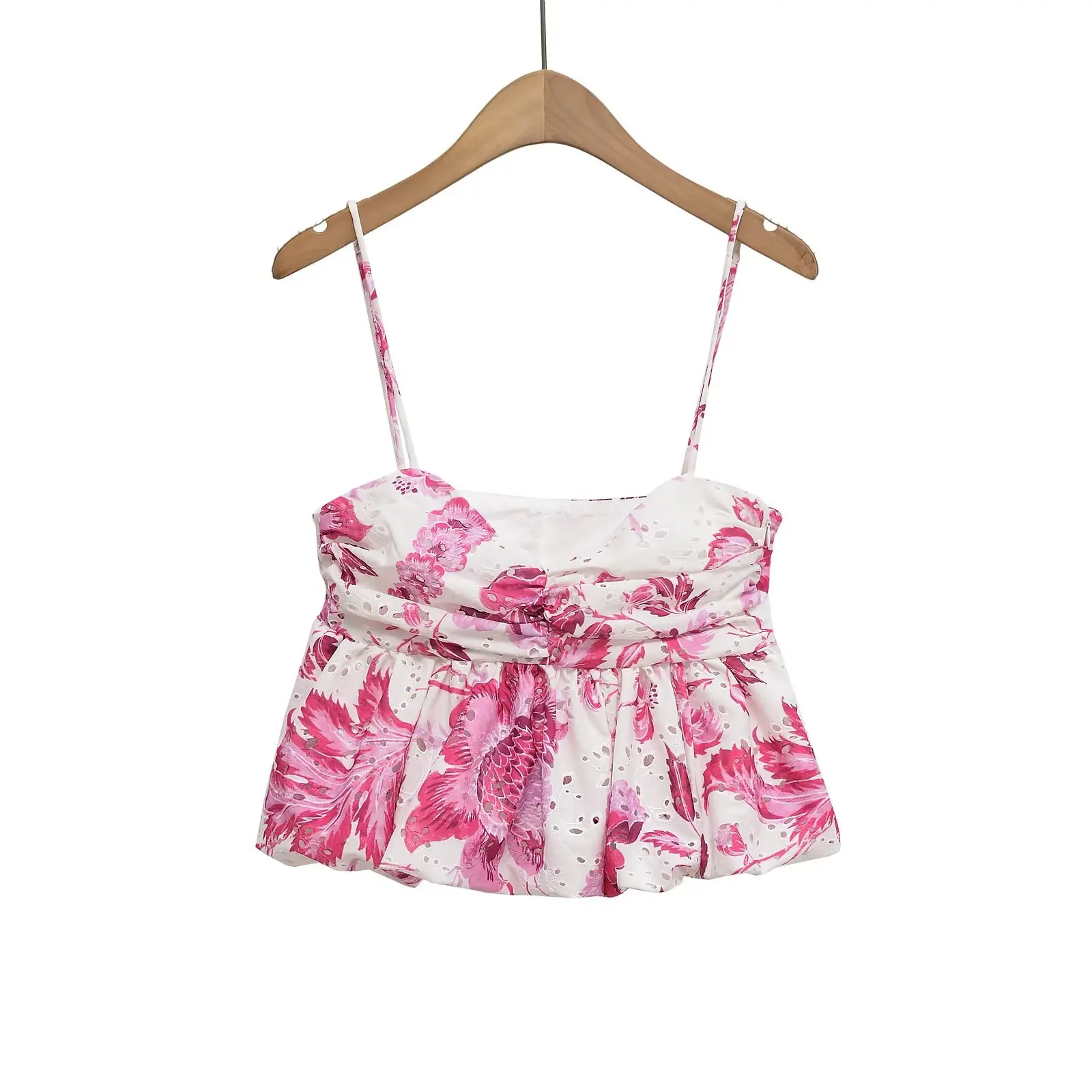 

BM&MD&ZA Womens Sexy Y2K Outfit Embroidered Cut Out Printed Spaghetti Strap Top with Puffy Bubble Hem