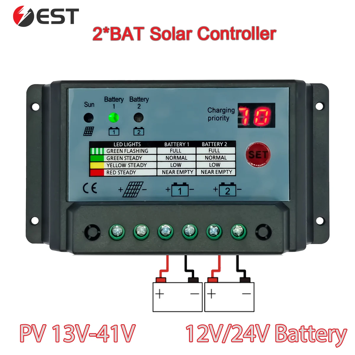 30A Dual-Batterie Solar-Laderegler-PWM-Regler mit LED-Anzeige, Mehrstufiger Schutz für 12V/24V, Kompatibel mit Blei-Säure-Batterien