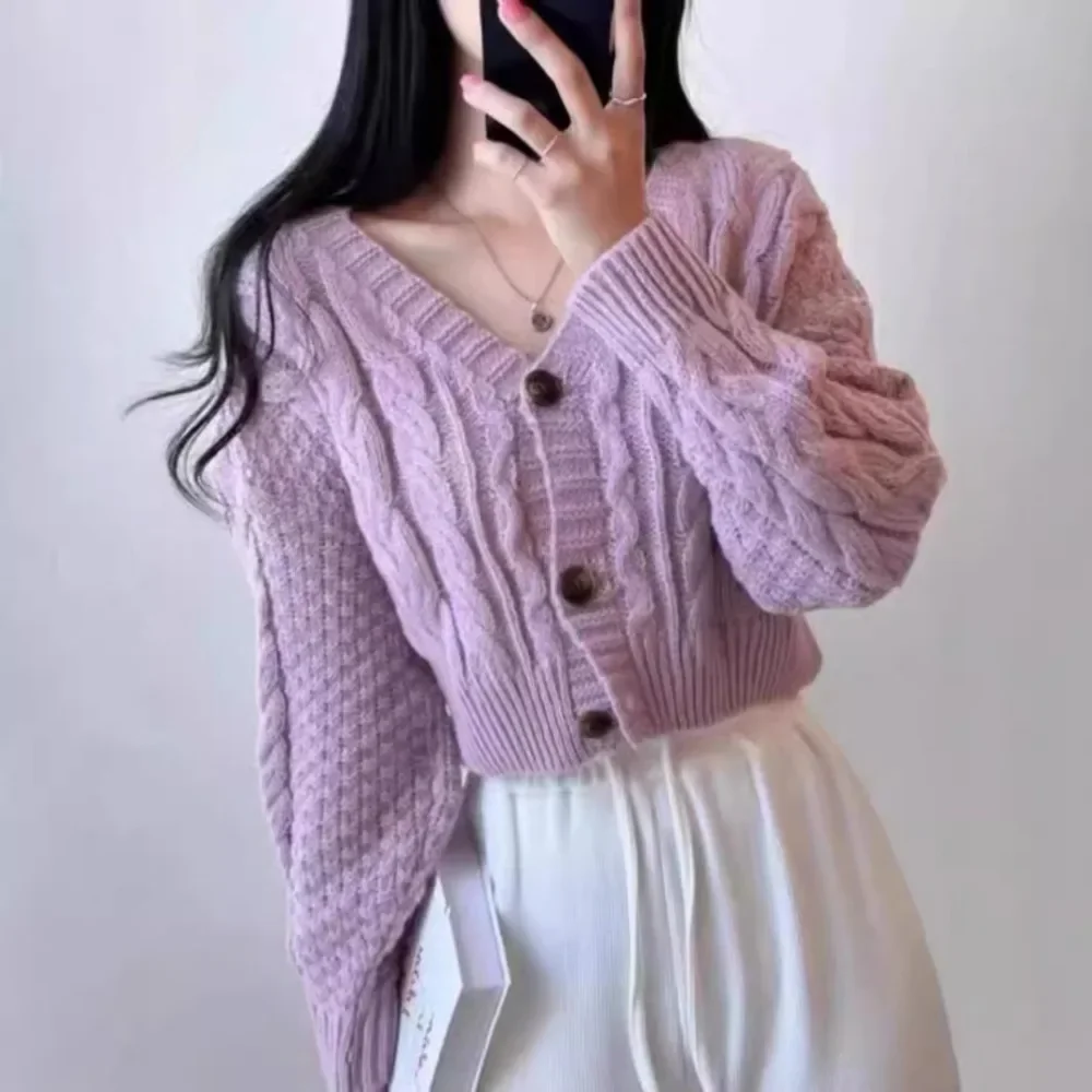 

Autumn Short Twist Knitted Sweater Women's Coat Korean Style New 2024 Knitted Solid Color Long Sleeve Cardigan Women's