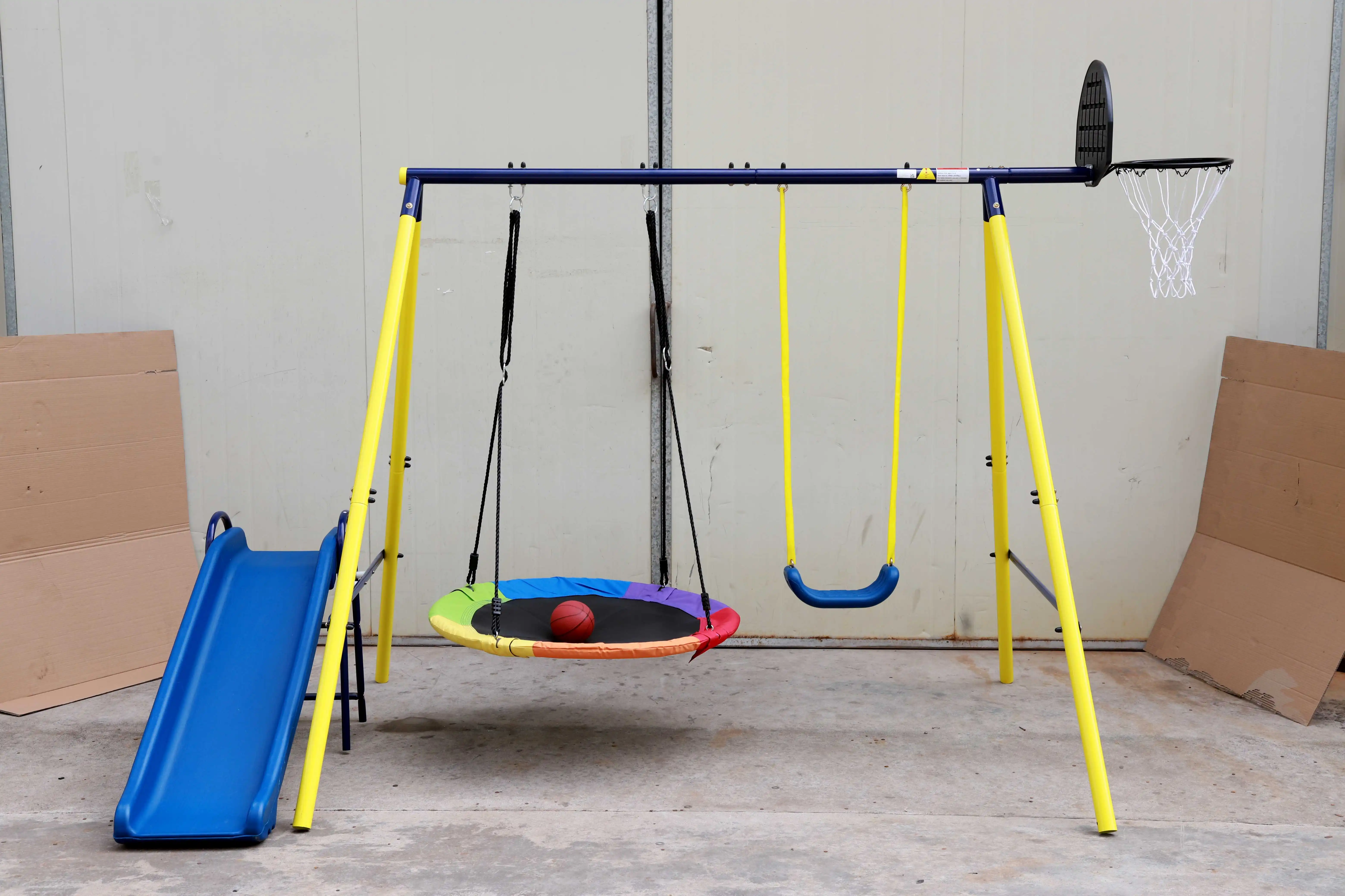 wr-Backyard Playground Inch Multi-color Rainbow Tree Swing Set with Slide & Basketball Hoop Metal Swing Stand for Outdoor Use*