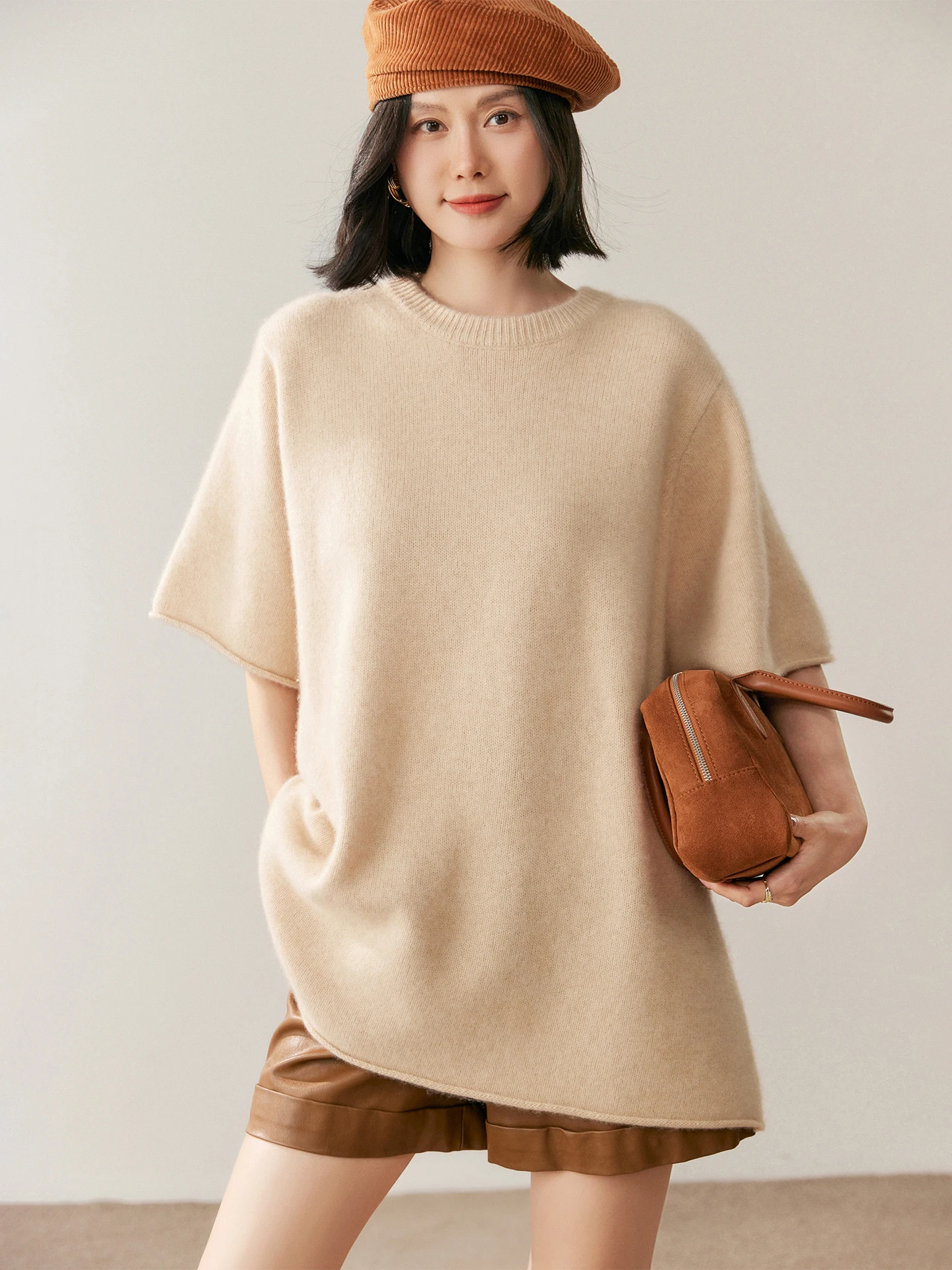 

TLOML Women 100% Cashmere Sweater O-neck Half Sleeve Pullover Autumn Winter Thick Simple Style Soft Loose Cashmere Knitwear Tops