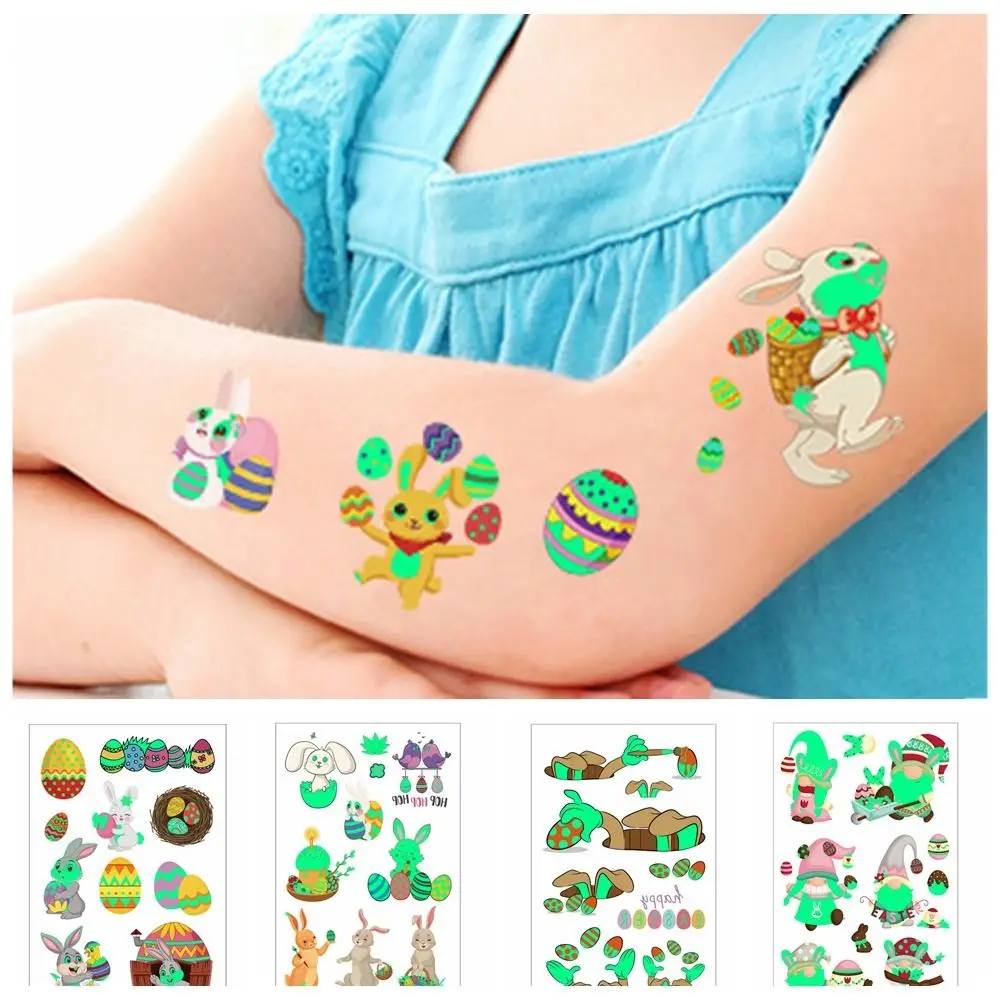 10 Pcs Cartoon Rabbit Bunny Easter Temporary Tattoo Stickers Luminous Easter Egg Fake Tattoo Stickers Waterproof Sweatproof