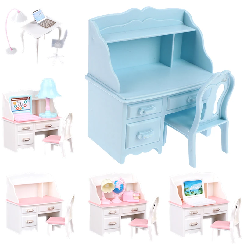 1 Set 1/12 Book Desk Writing Study Desk Computer Chair School Desk Furniture Model Toy Dollhouse Decor