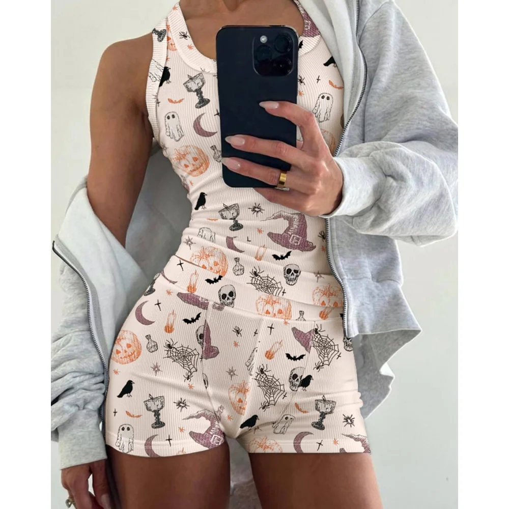 

Women's Halloween 2 Pieces Outfit Graphic Print U-Neck Tank Top and Elastic Waist Shorts Set Casual Ribbed Pajamas Set Sleepwear