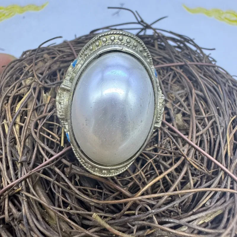 Hand Inlaid Large Cabochon Pearl Adjustable Thumb Ring, Vintage Ethnic Collectible Open Band Finger Jewelry For Men Women