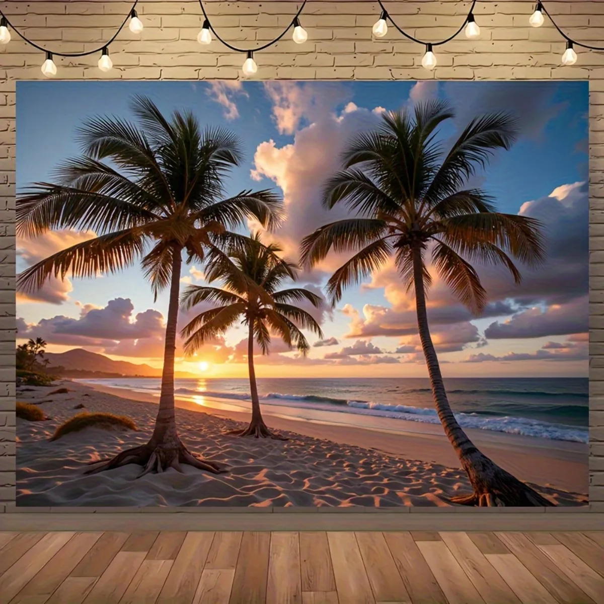 Tropical Beach Sunset Tapestry Polyester Palm Trees Turquoise Water Golden Sand Coastal Wall Hanging Boho Summer Decor Living