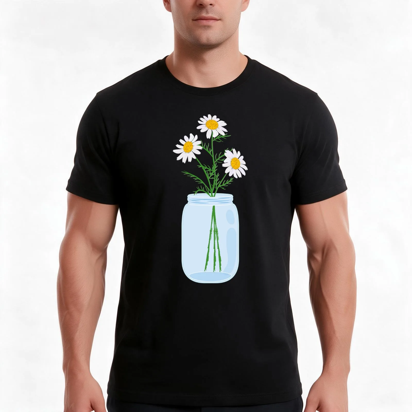 Mason Jar With Flowers - Daisy Flower In Mason Jar T-Shirt, Summer Casual Cotton Tee, Oversized Streetwear Tops, 100% Cotton