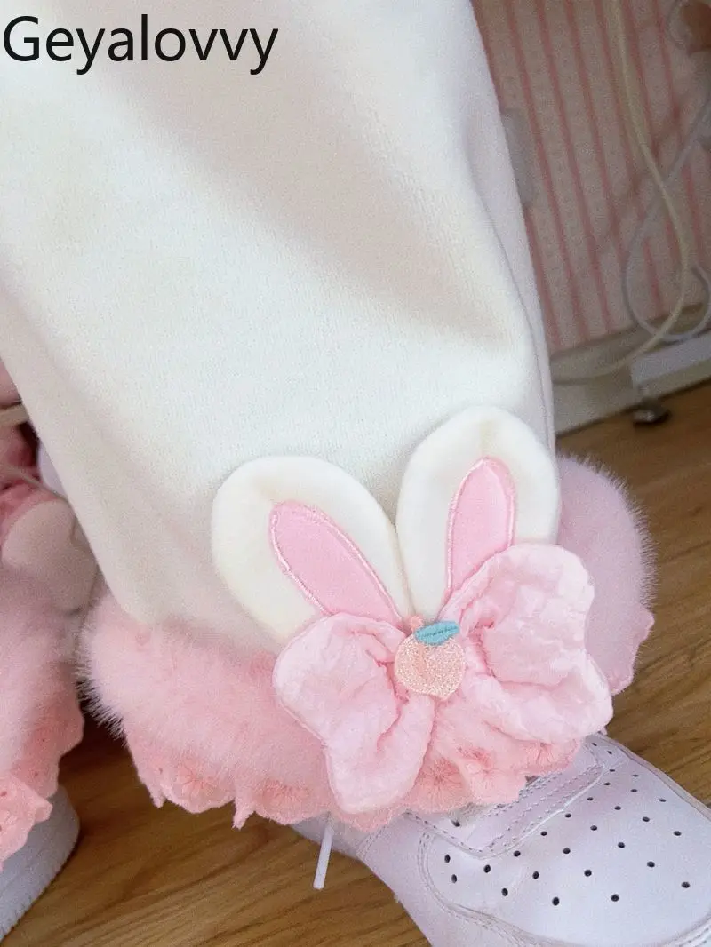 Autunno Inverno Cute Sweet Girl Bowknot Pantaloni a gamba larga Pantaloni casual in vita elastica allentata versatile Pantaloni lunghi dritti ispessiti