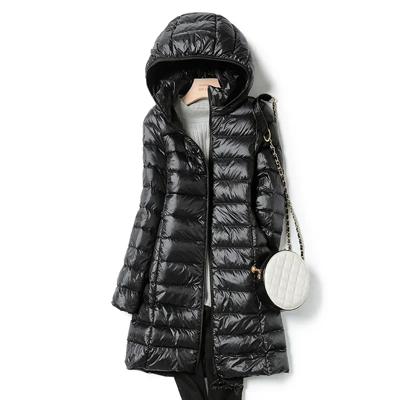 New 2023 Winter Women Down Jackets Long White Duck Down Ultra Light Thin Casual Puffer Slim Removable Hooded Coat Female