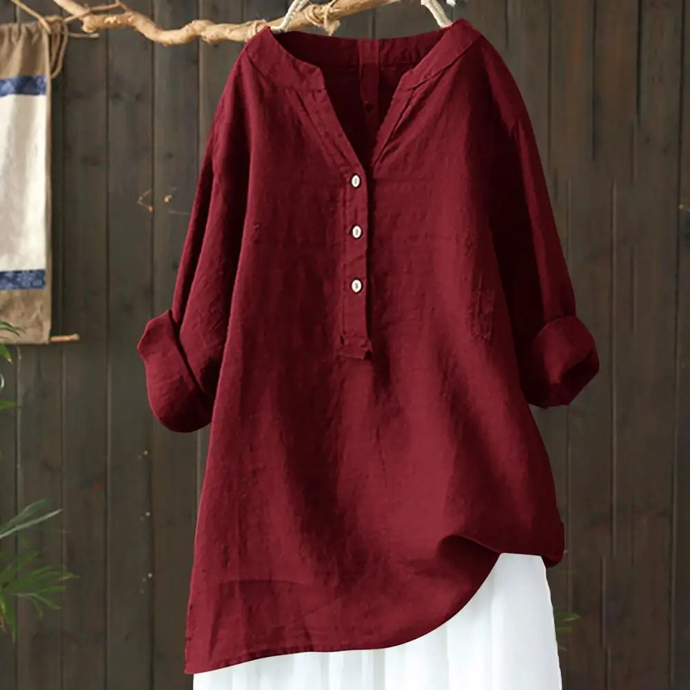 Women Casual Shirt V-Neck Buttons Half Placket Long Sleeve Blouse Solid Color Loose Fit Tunic Tops Office Lady Shirt