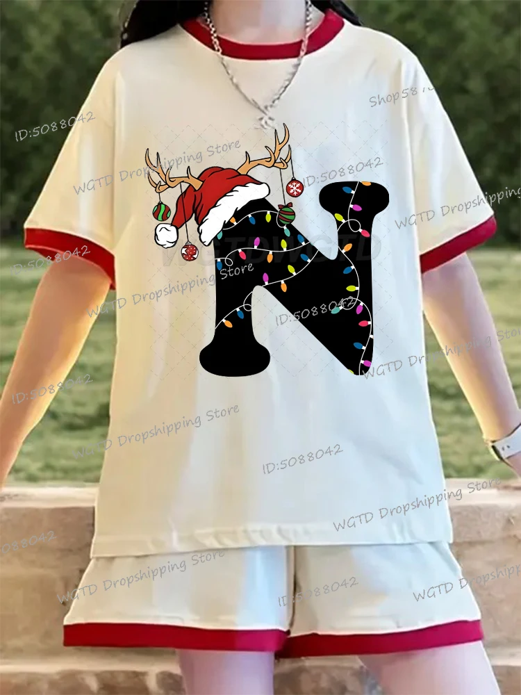 

Christmas Alphabet ABCD... 2025 Short Sleeve T-shirt Fashion Hip Hop Street Tees Boys Girls Cotton Merry Christmas Letter Tshirt