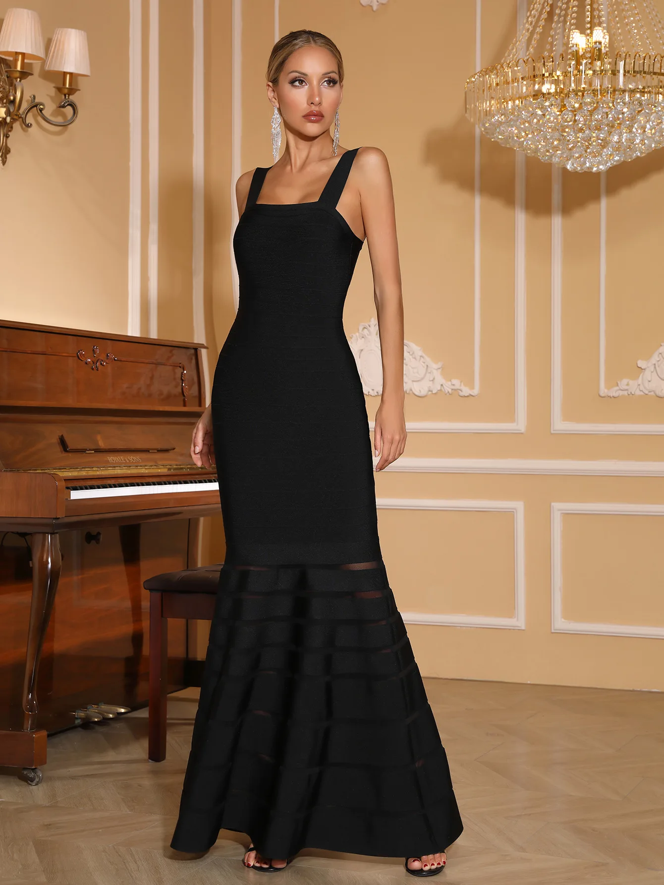 2025 feminino sexy sem mangas gola quadrada preto babados maxi longo verão bodycon bandage vestido elegante noite clube vestido de festa