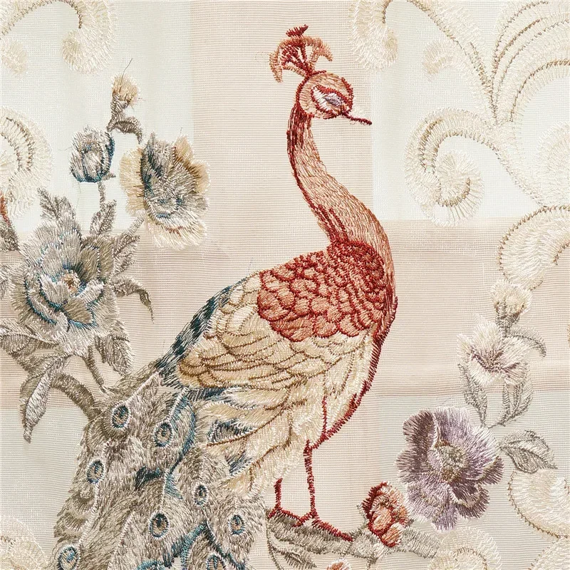 HQYQJJHYR Beige Luxury Peacock 3D Embossed Jacquard Full Blackout Bedroom Curtains Embroidered Voile Curtain for Living Room