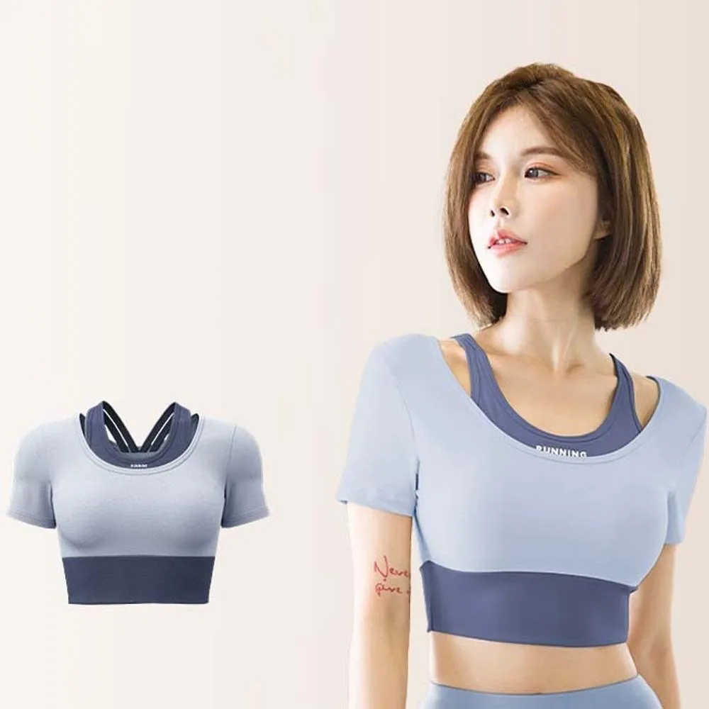 

Combined in One Sports Top with Bra Tight Breathable Fitness Short-Sleeved Thickened Fake Two-piece Plus Size Short Top