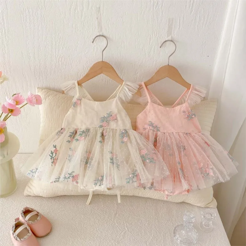 Newborn Baby Girl Cotton Floral Embroidery Tulle Dress Romper Infant Sleeveless Ruffle Princess Jumpsuit Summer Clothes 3-18M