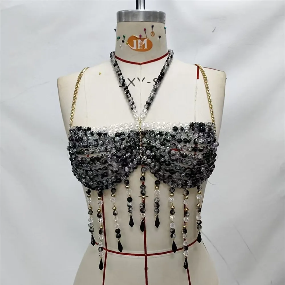European And American Women's Beaded Vest, Heavy Black Crystal Pendant Style, Hot Girl Beach Vacation Backless Top