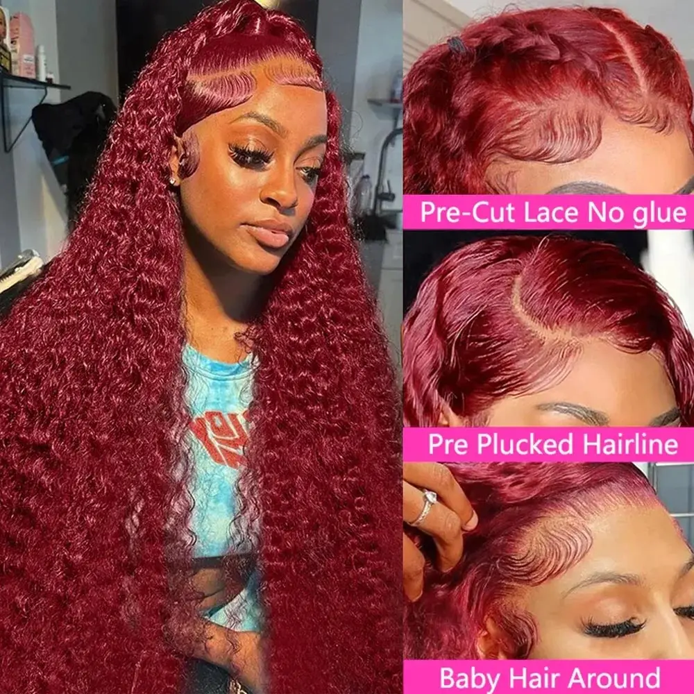 13x6 13x4 HD Deep Wave Lace Frontal Wig Colored Burgundy Lace Front Wig Brazilian Red 99J Curly Lace Front Human Hair Wigs